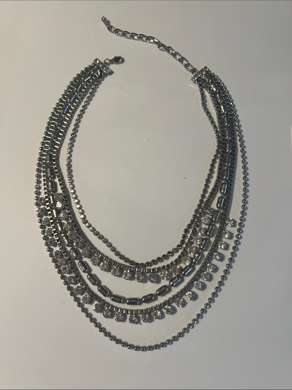 Layered Silver Crystal Multi-Strand Necklace